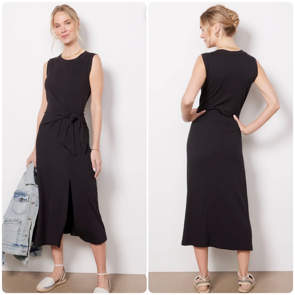Evereve Black Sleeveless Midi Dress with Waist Tie and Front Slit